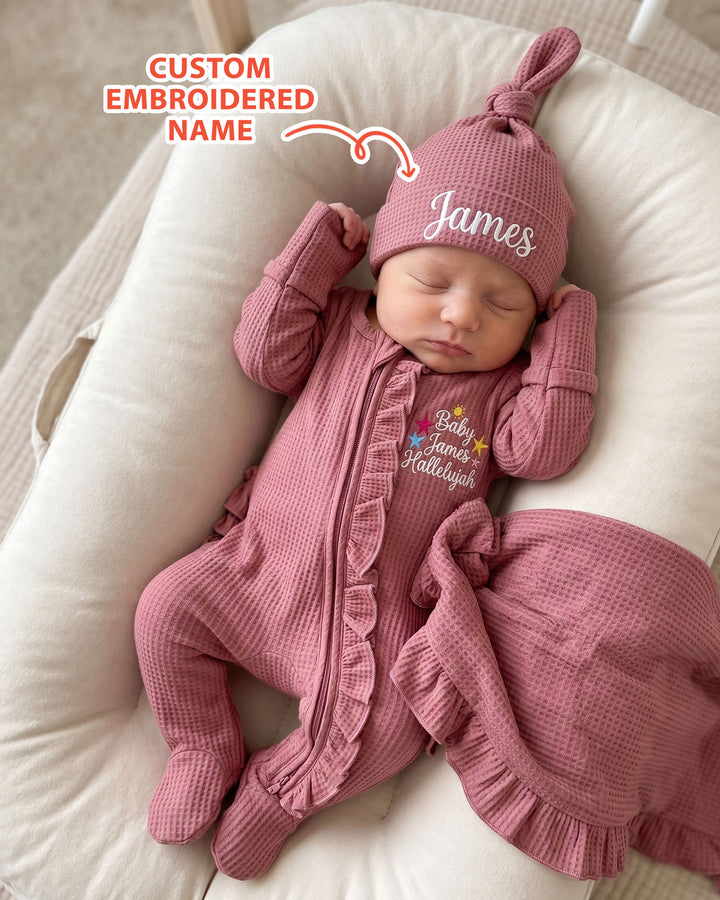 Personalized Baby Hallelujah Embroidered Waffle Ruffle Bamboo Zipper Footie