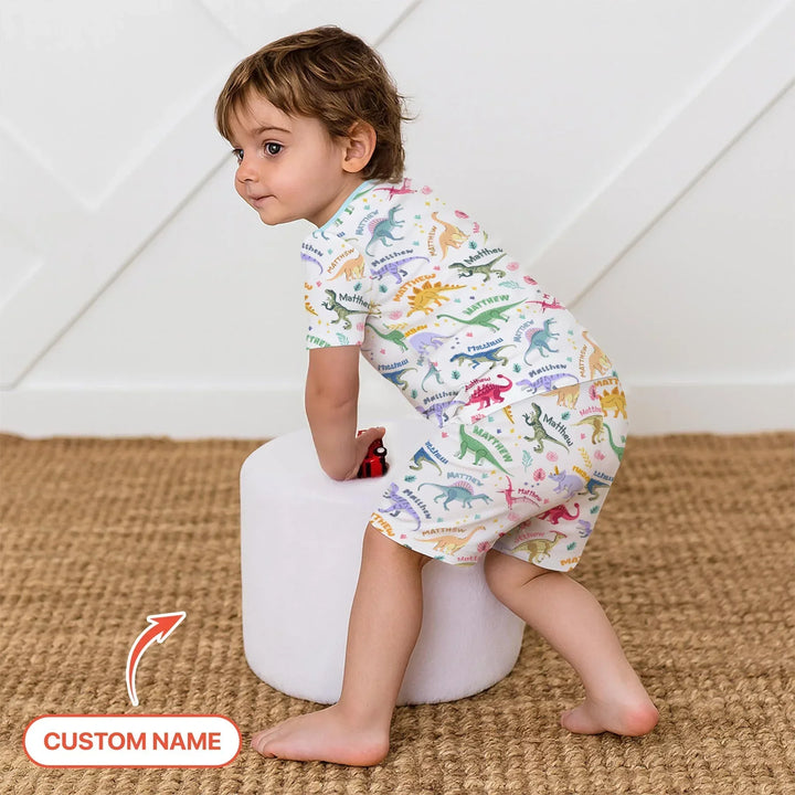 Dino Roar Custom Name Bamboo Two Piece Short Sleeve Shorts Pajama Set
