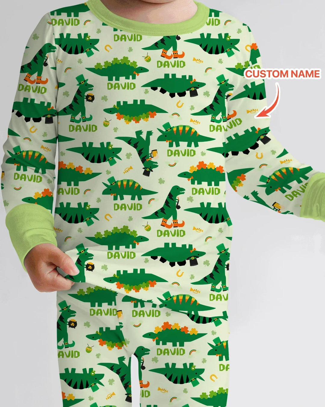 Custom Name St. Patrick's Day Dinosaurs Bamboo Two Piece Long Sleeve Pajama Set
