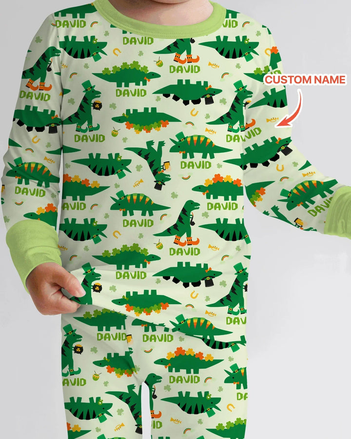 Custom Name St. Patrick's Day Dinosaurs Bamboo Two Piece Long Sleeve Pajama Set