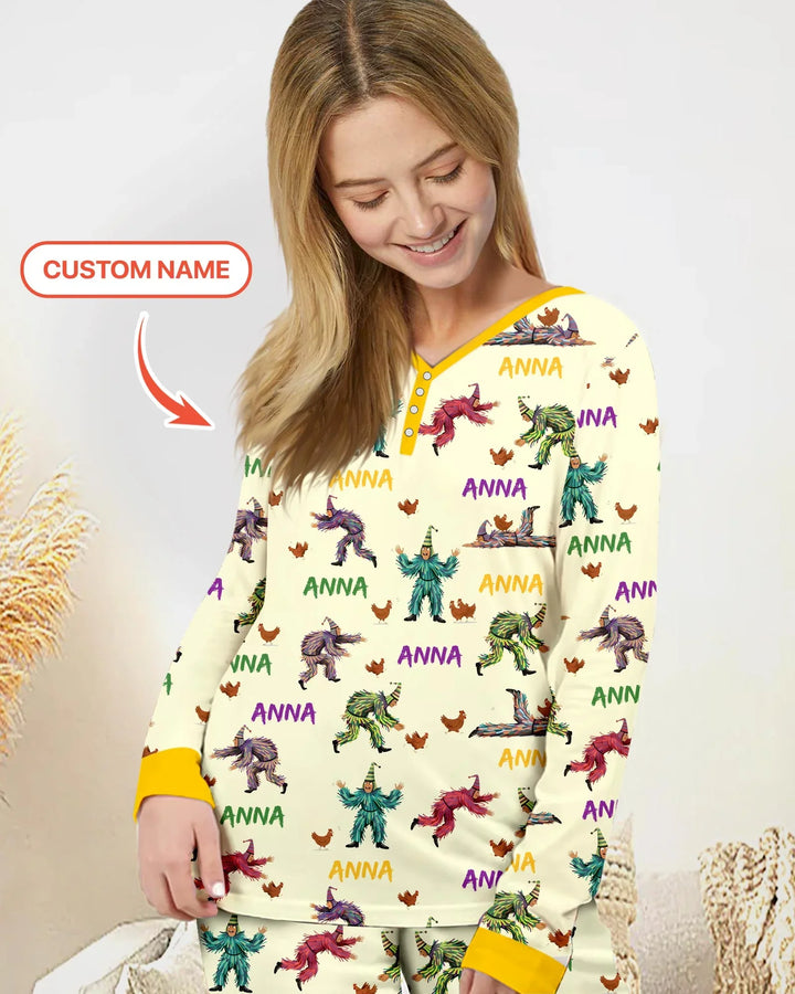 Custom Name Mardi Gras Chicken Chase Family Matching Bamboo Women Pajama Set
