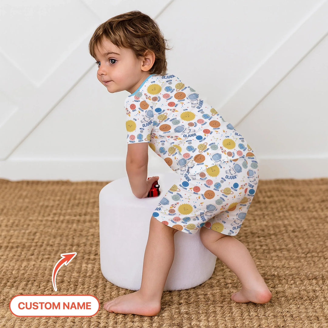 Custom Name Little's Kid into Universer Bamboo Two Piece Short Sleeve Shorts Pajama Set