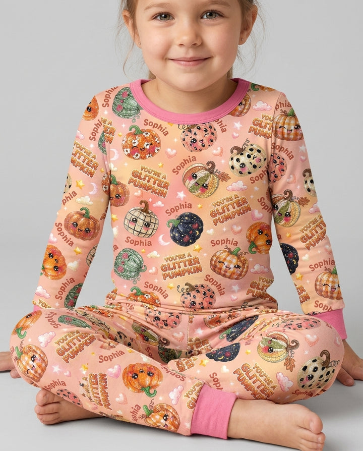 Custom Name You're A Glitter Pumpkin Bamboo Two Piece Long Sleeve Pajama Set