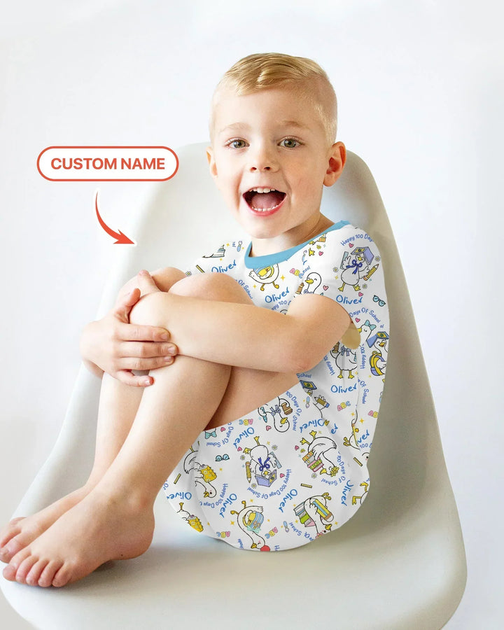 Custom Name Goose Happy 100 Days Of School Bamboo Two Piece Short Sleeve Shorts Pajama Set