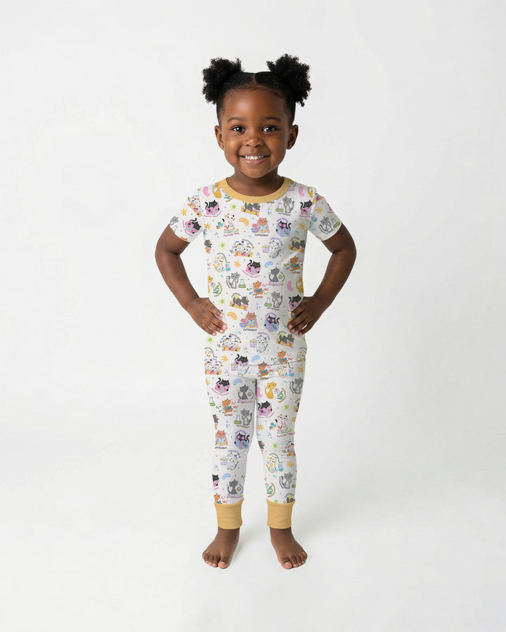 Funny Cat Love Scientist Bamboo Two Piece Short Sleeve Pajama Set