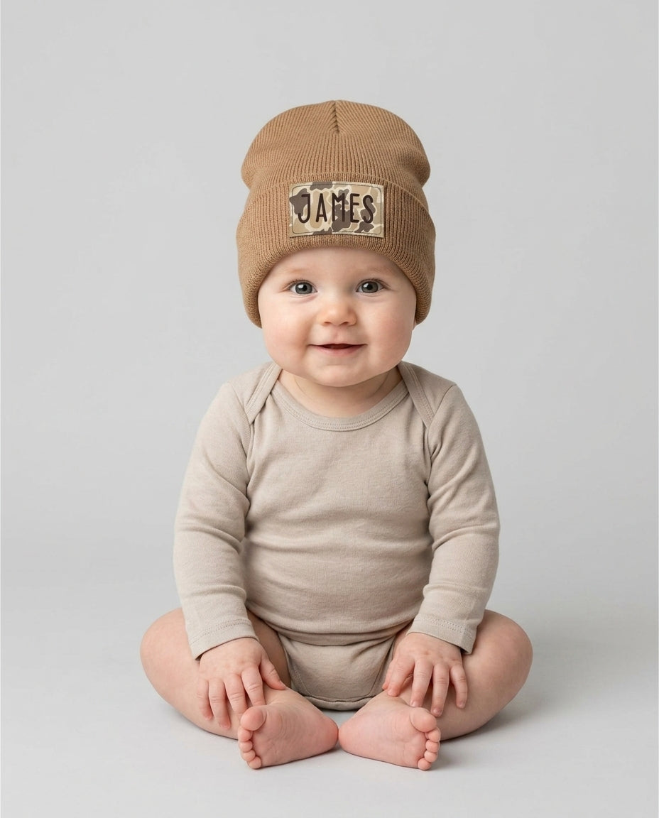 Custom Name Camo Leather Patch Beanie
