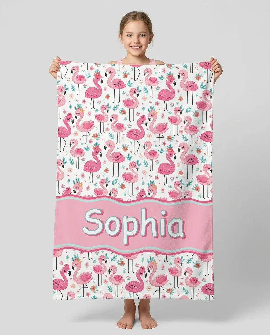 Custom Name Hello Flamingo Bamboo Beach Towel