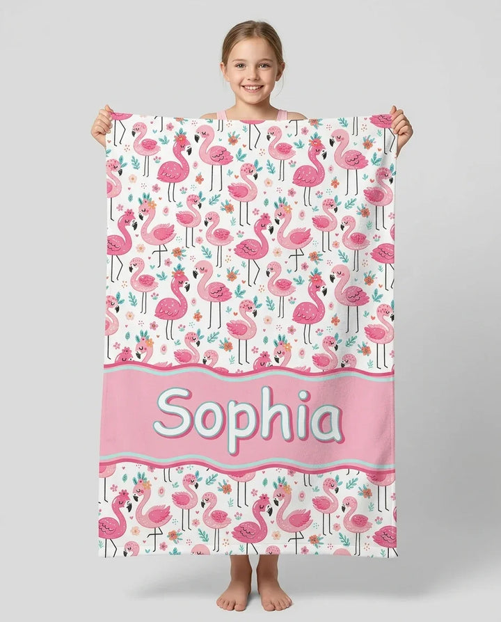 Custom Name Hello Flamingo Bamboo Beach Towel