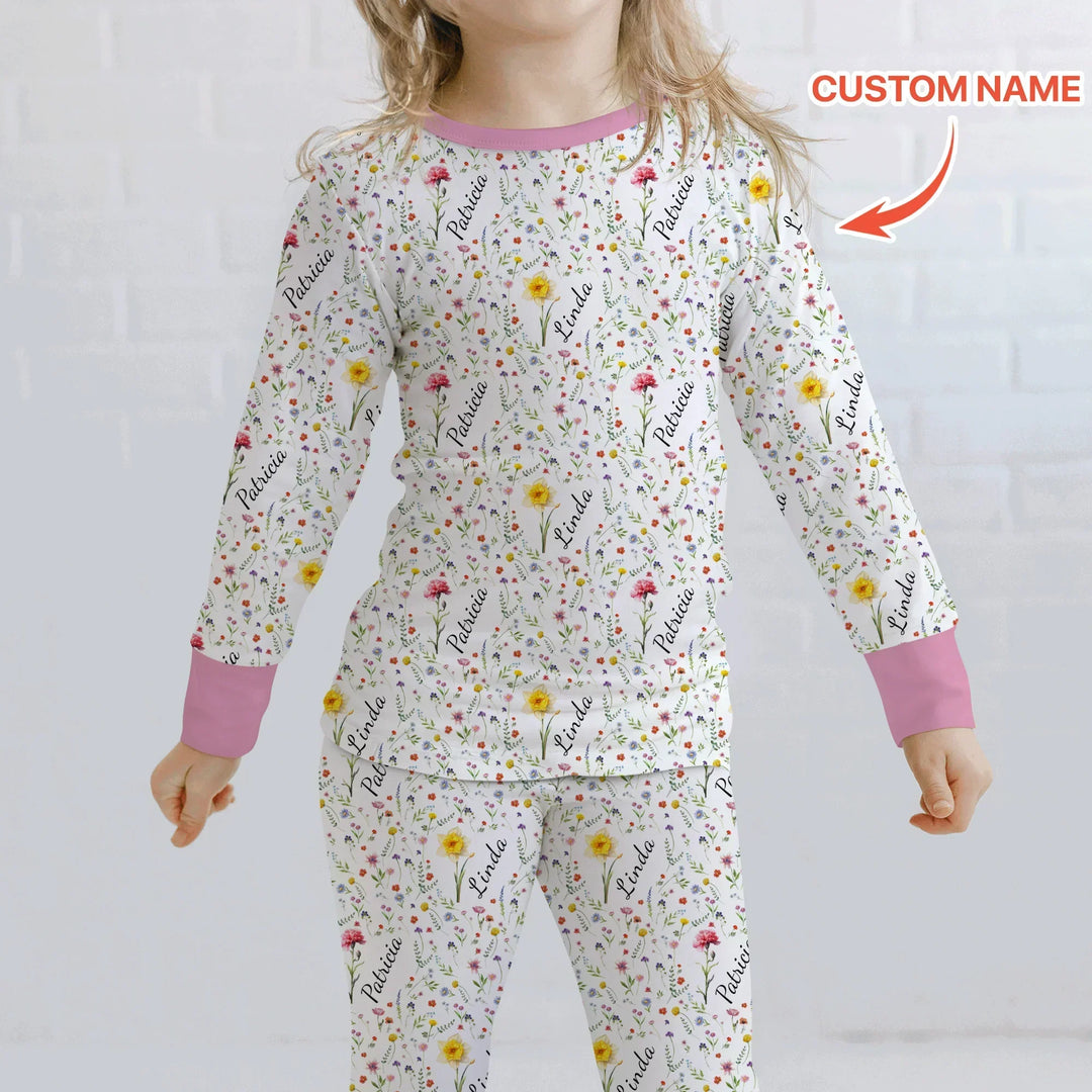 Birth Flower Custom Name Family Daughter Sister Bamboo Two Piece Long Sleeve Pajama Set