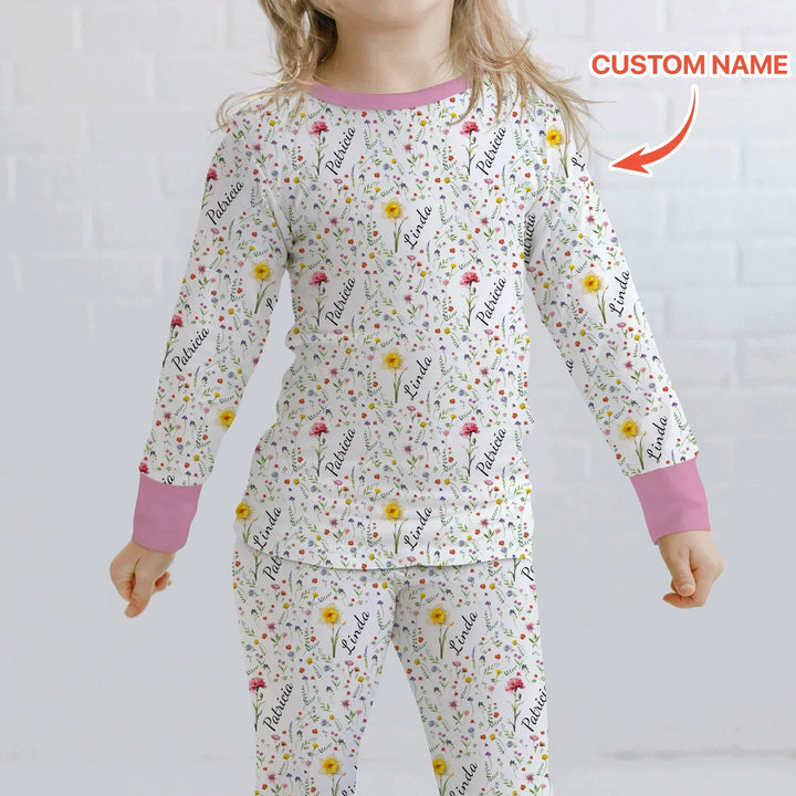 Birth Flower Custom Name Family Daughter Sister Bamboo Two Piece Long Sleeve Pajama Set