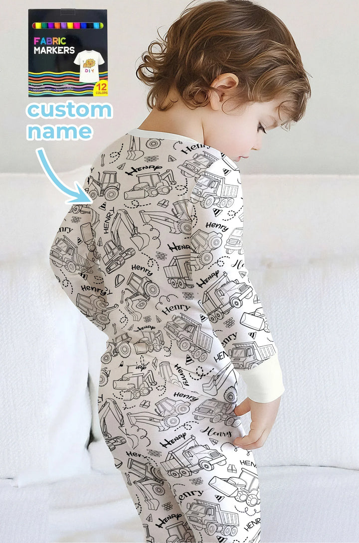 Construction Vehicules Custom Name Colorable Bamboo Two Piece Short Sleeve Pajama Set