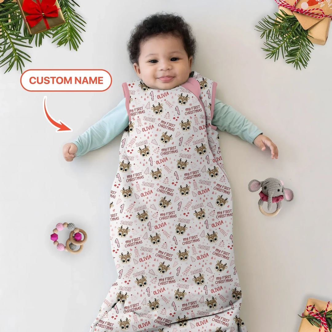 Custom Name Cute Reindeer My First Christmas Bamboo Sleep Bag