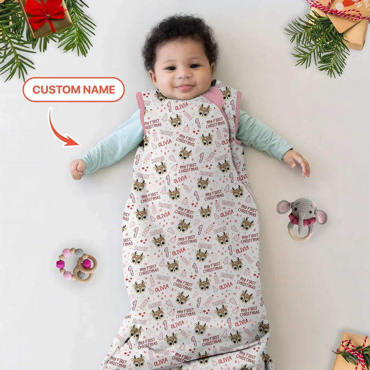 Custom Name Cute Reindeer My First Christmas Bamboo Sleep Bag