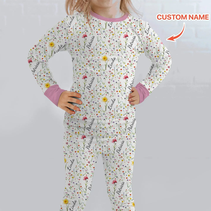 Birth Flower Custom Name Family Daughter Sister Bamboo Two Piece Long Sleeve Pajama Set