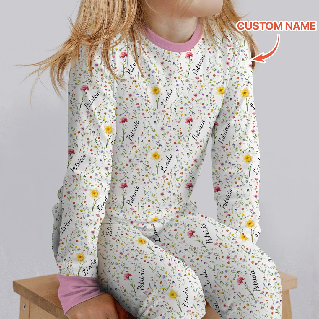 Birth Flower Custom Name Family Daughter Sister Bamboo Two Piece Long Sleeve Pajama Set