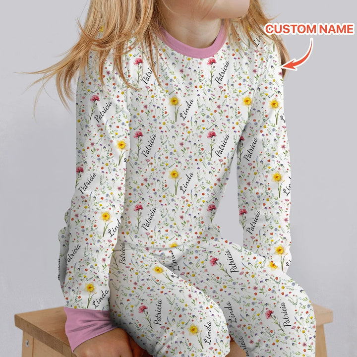 Birth Flower Custom Name Family Daughter Sister Bamboo Two Piece Long Sleeve Pajama Set