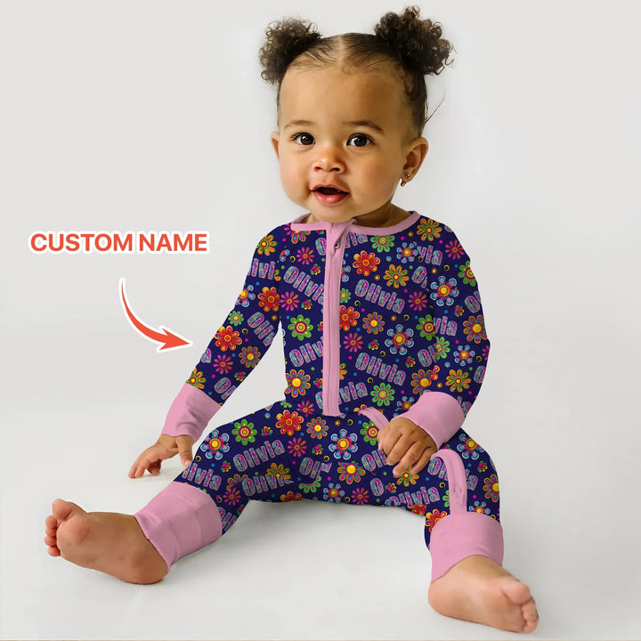 Custom Name Rainbow Hippie Flowers Bamboo Convertible Zippy