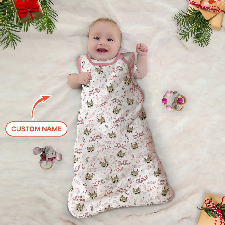 Custom Name Cute Reindeer My First Christmas Bamboo Sleep Bag