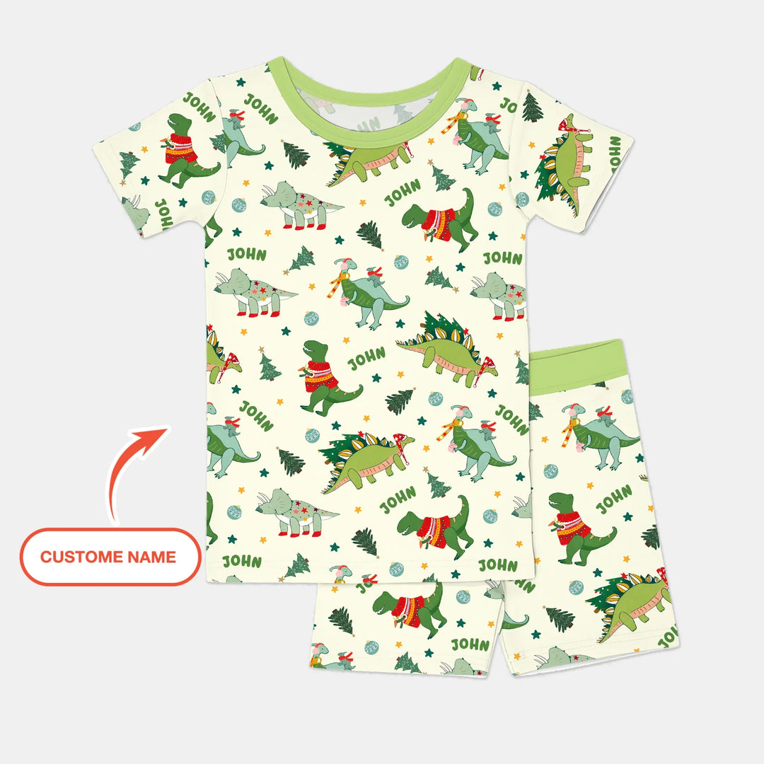 Custom Name Dinosaurs Christmas Tree Bamboo Two Piece Short Sleeve Shorts Pajama Set
