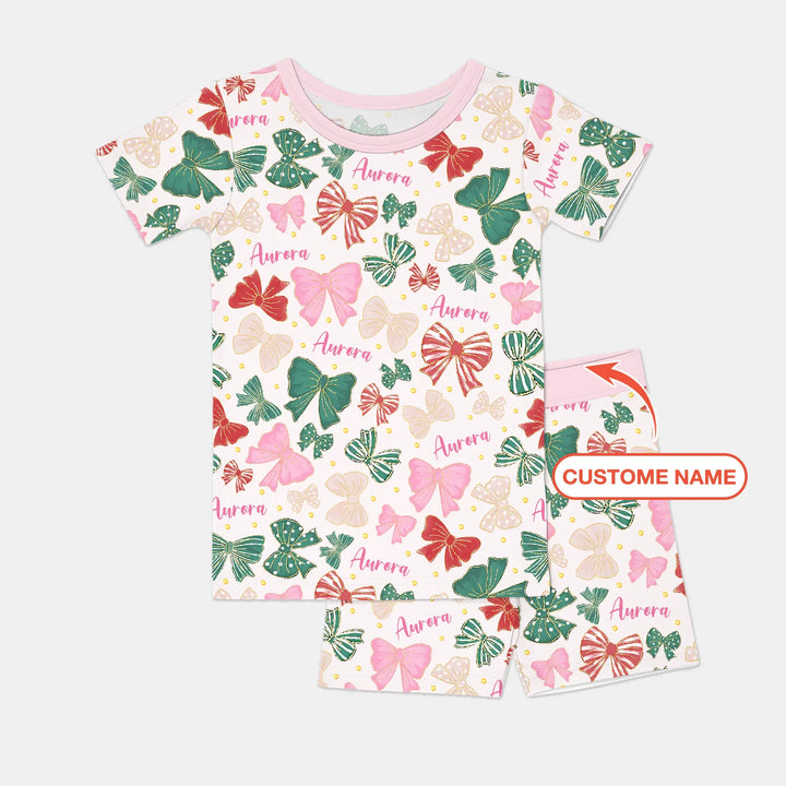 Custom Name Preppy Coquette Bows Bamboo Two Piece Short Sleeve Shorts Pajama Set