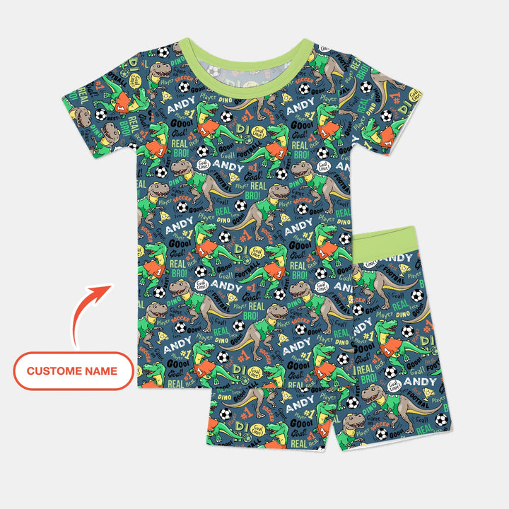 Custom Name Dino Soccer Bamboo Two Piece Short Sleeve Shorts Pajama Set