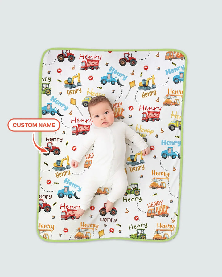 Construction Vehicles Custom Name Bamboo Blanket