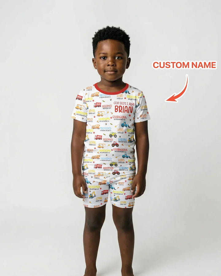 Personalized God Says I Am Little Builder Bamboo Two Piece Short Sleeve Shorts Pajama Set