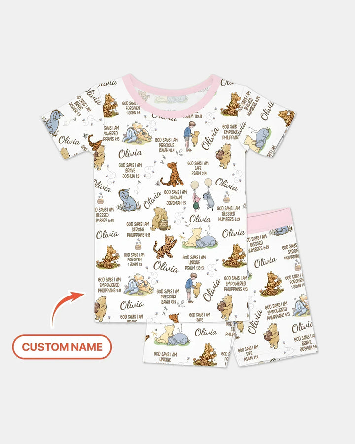 Custom Name God Says I Am Classic Bear Bamboo Two Piece Short Sleeve Shorts Pajama Set