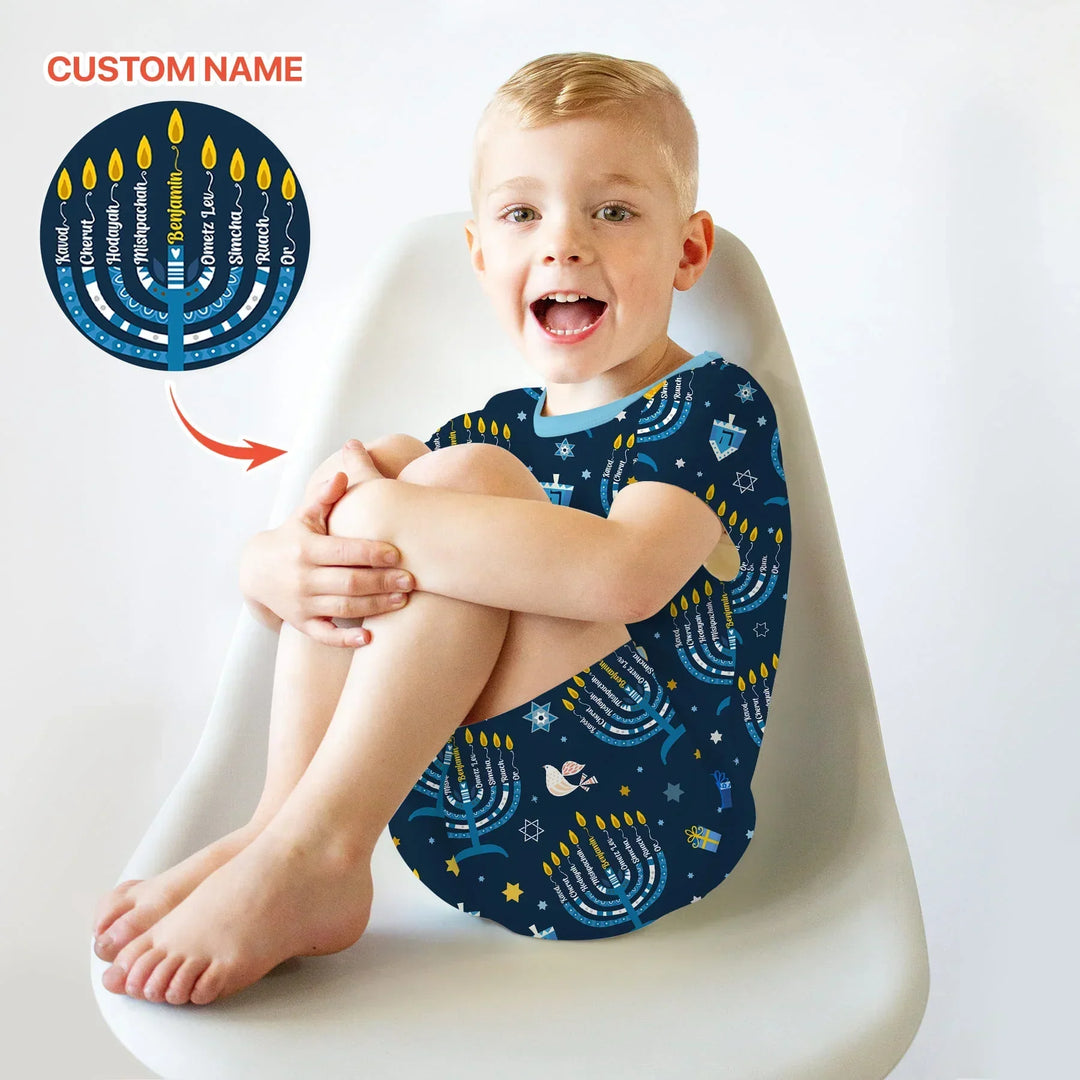 Hanukkah Custom Name Bamboo Two Piece Short Sleeve Shorts Pajama Set