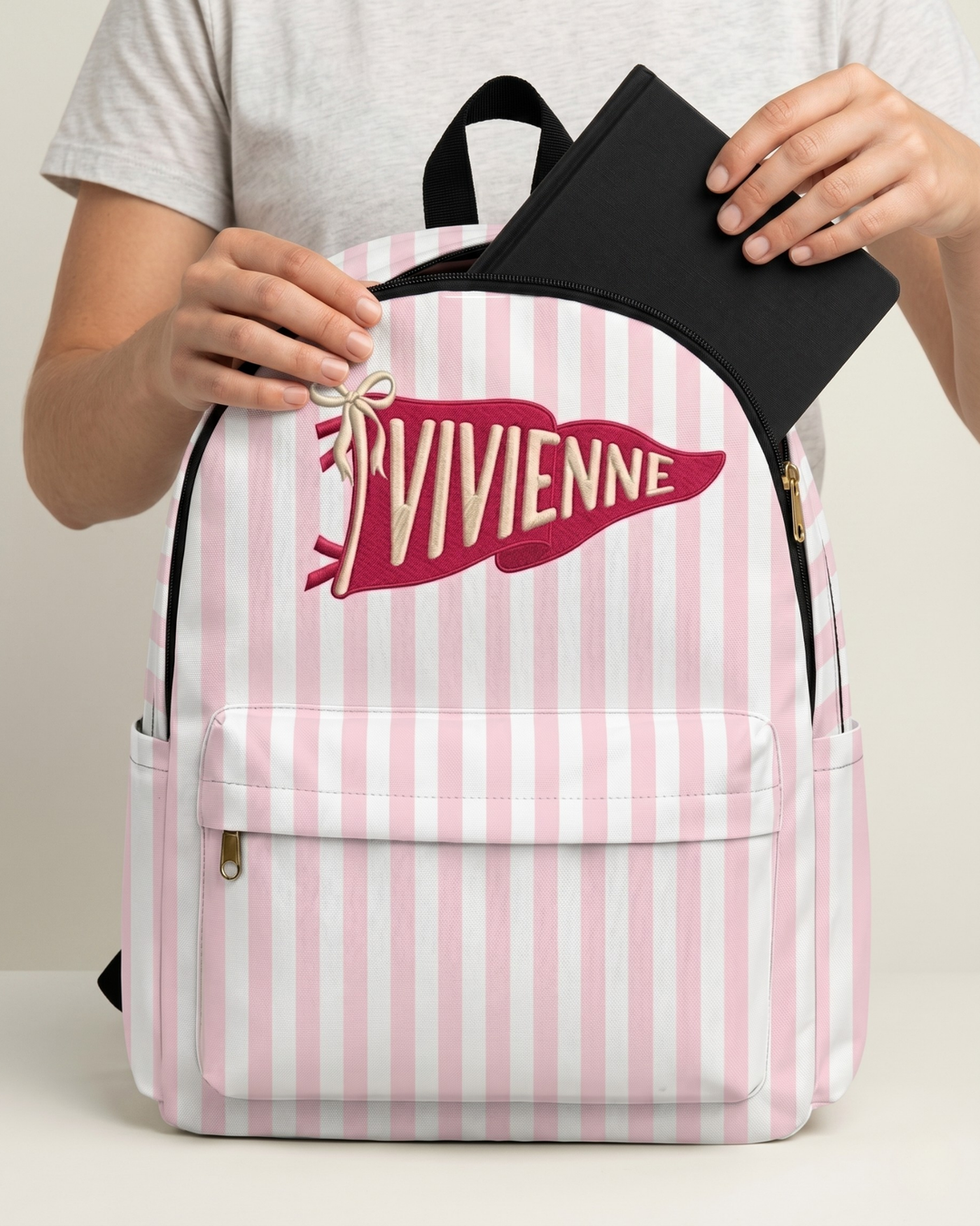Custom Name Embroidered Pennant Pink Striped Backpack