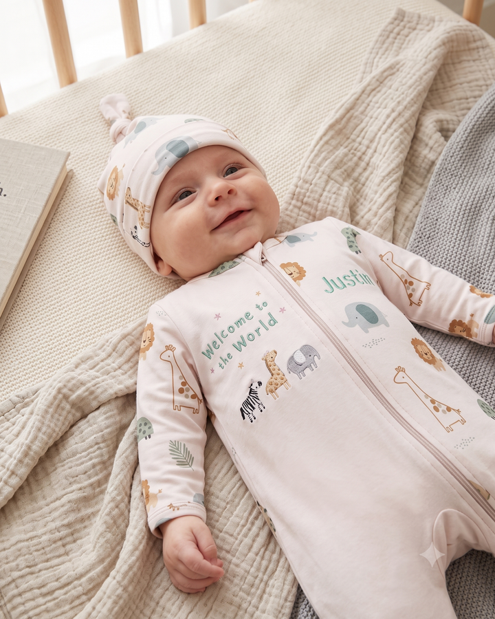 Little Safari Friends Embroidered Bamboo Zipper Footie