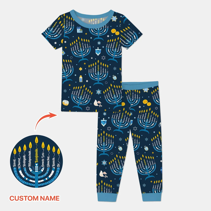 Hanukkah Custom Name Bamboo Two Piece Short Sleeve Pajama Set