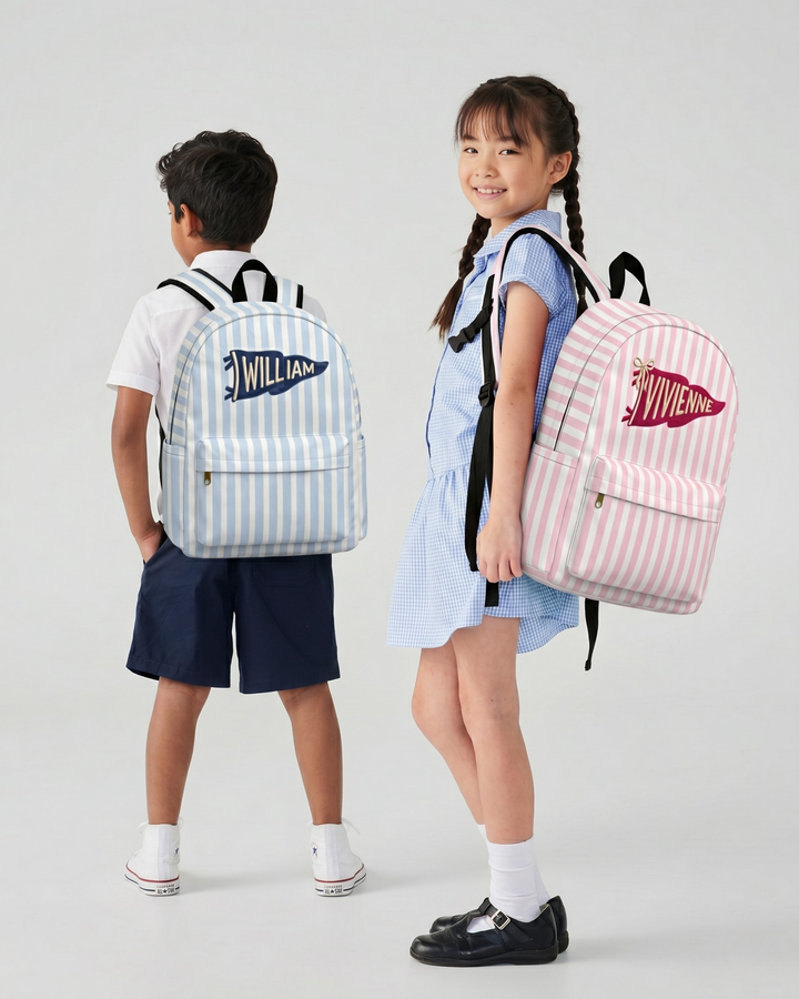 Custom Name Embroidered Pennant Blue Striped Backpack