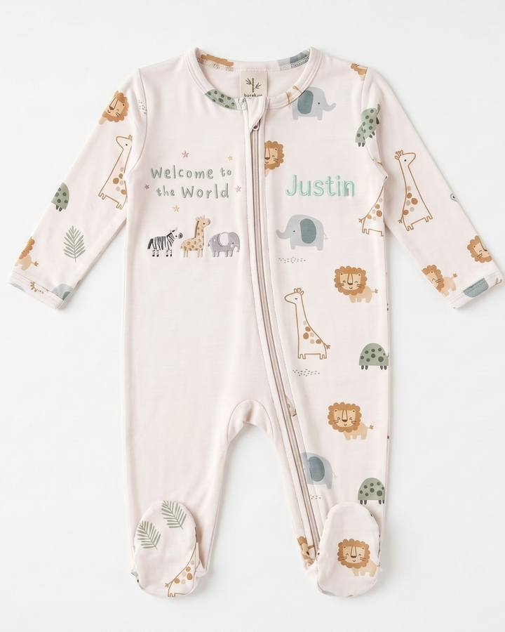Little Safari Friends Embroidered Bamboo Zipper Footie