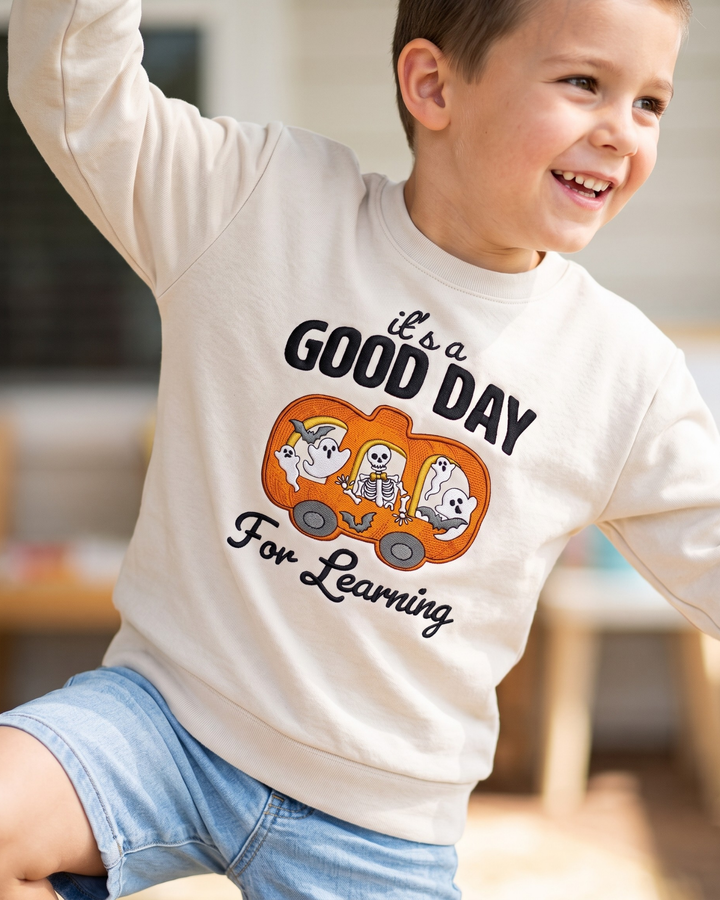 Pumpkin School Bus Embroidered Bamboo Crewneck Sweatshirt