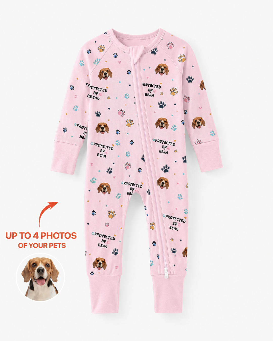 Custom Dogs Photo "Protected By" Bamboo Convertible Zippered Romper
