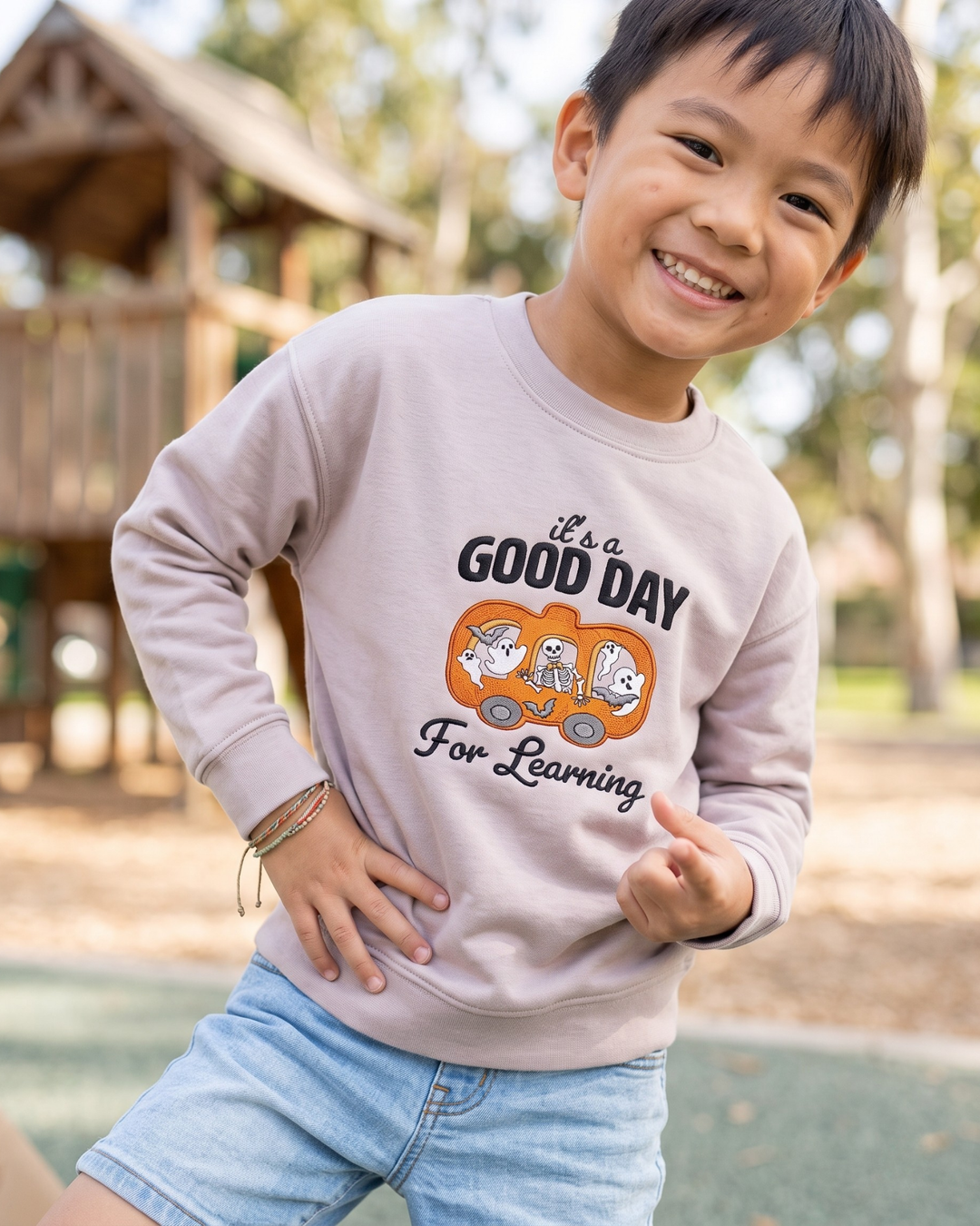Pumpkin School Bus Embroidered Bamboo Crewneck Sweatshirt