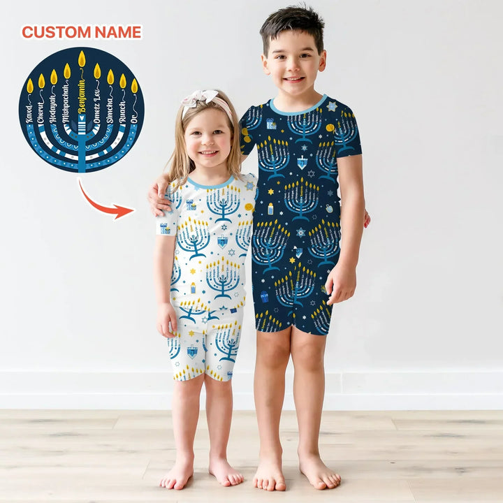 Hanukkah Custom Name Bamboo Two Piece Short Sleeve Shorts Pajama Set