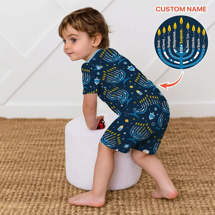 Hanukkah Custom Name Bamboo Two Piece Short Sleeve Shorts Pajama Set
