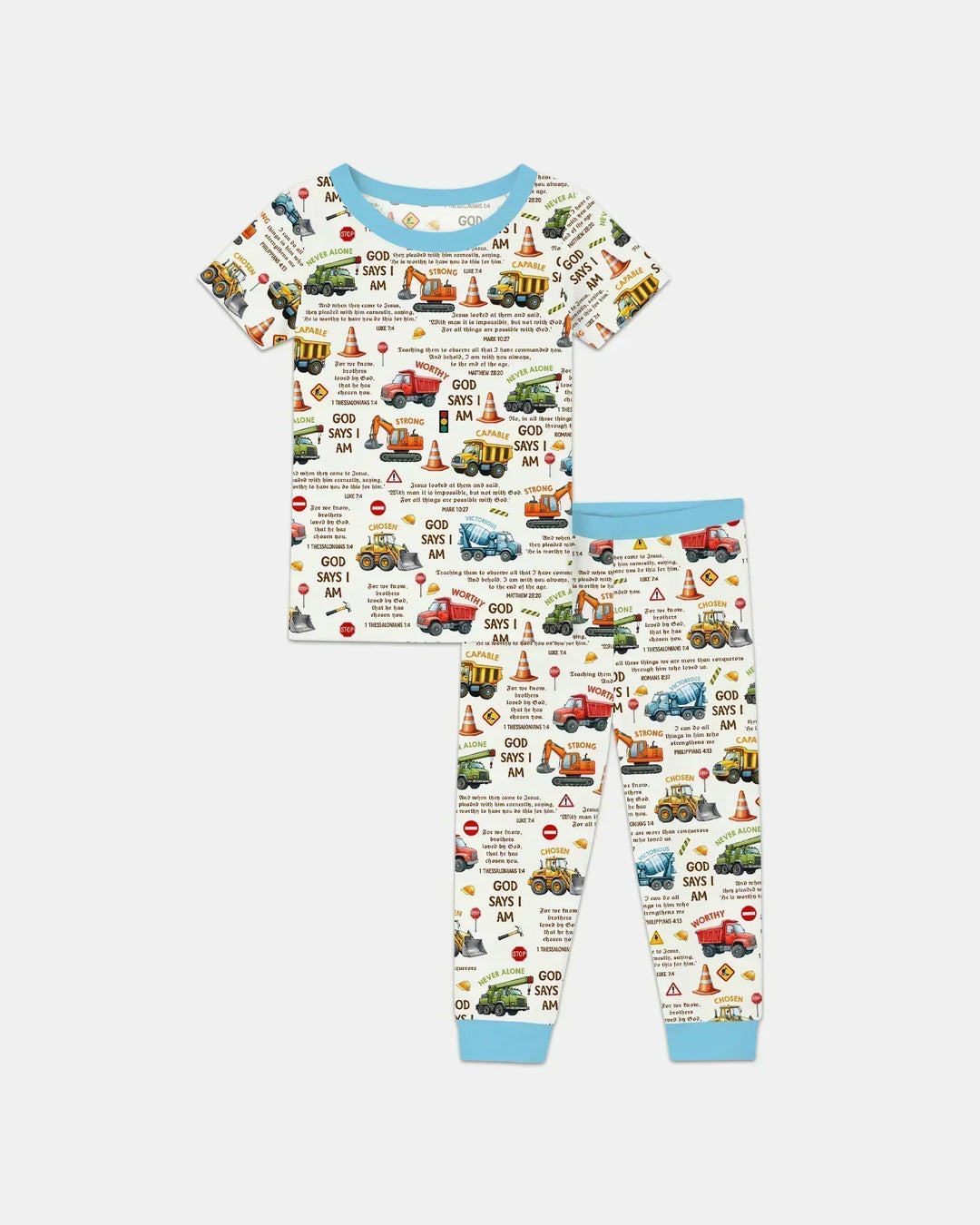 Bible Verse Construction Trucks Bamboo Two Piece Short Sleeve Pajama Set
