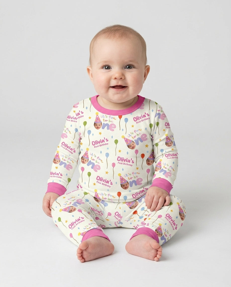 Custom Photo First Birthday Fun Bamboo Two Piece Long Sleeve Pajama Set