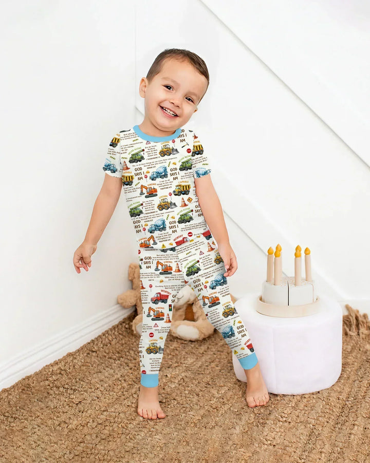 Bible Verse Construction Trucks Bamboo Two Piece Short Sleeve Pajama Set