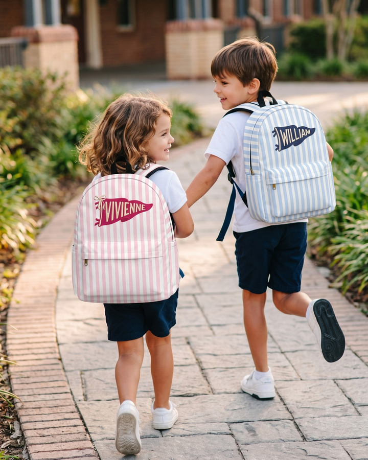 Custom Name Embroidered Pennant Blue Striped Backpack