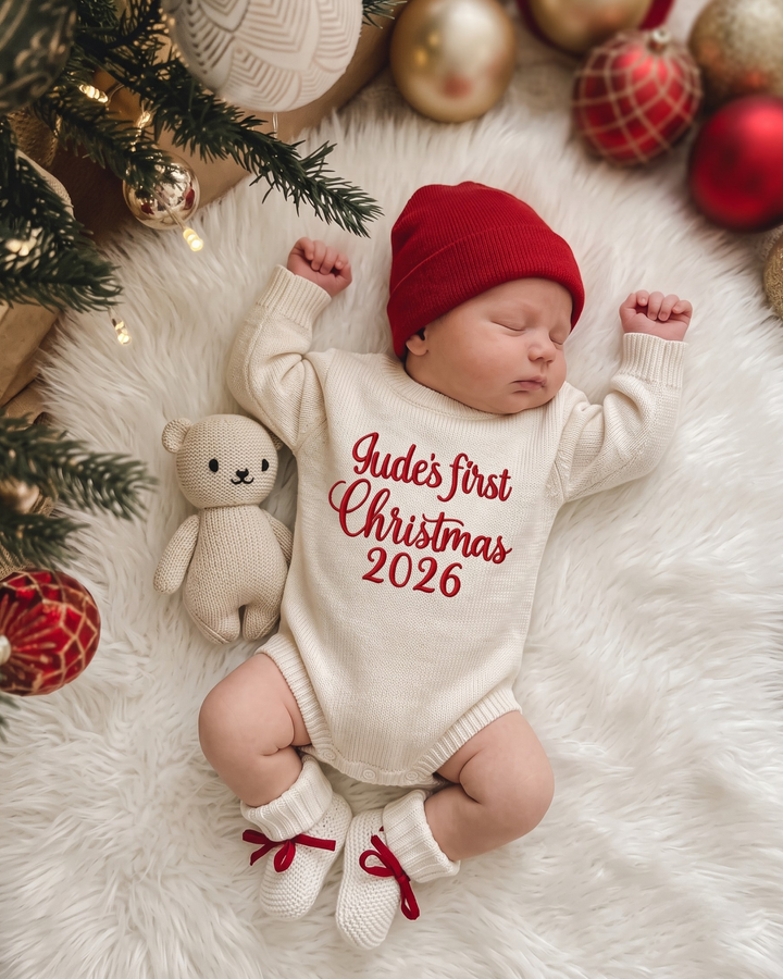 Custom Name My First Christmas Embroidered Knit Sweater Bubble