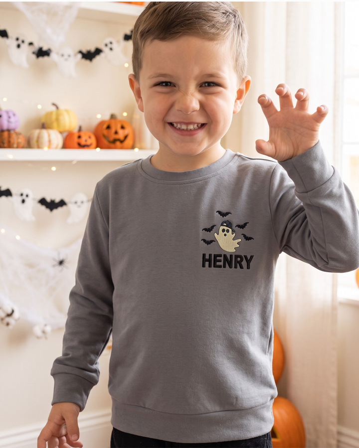 Custom Name Little Ghost Embroidered Bamboo Crewneck Sweatshirt