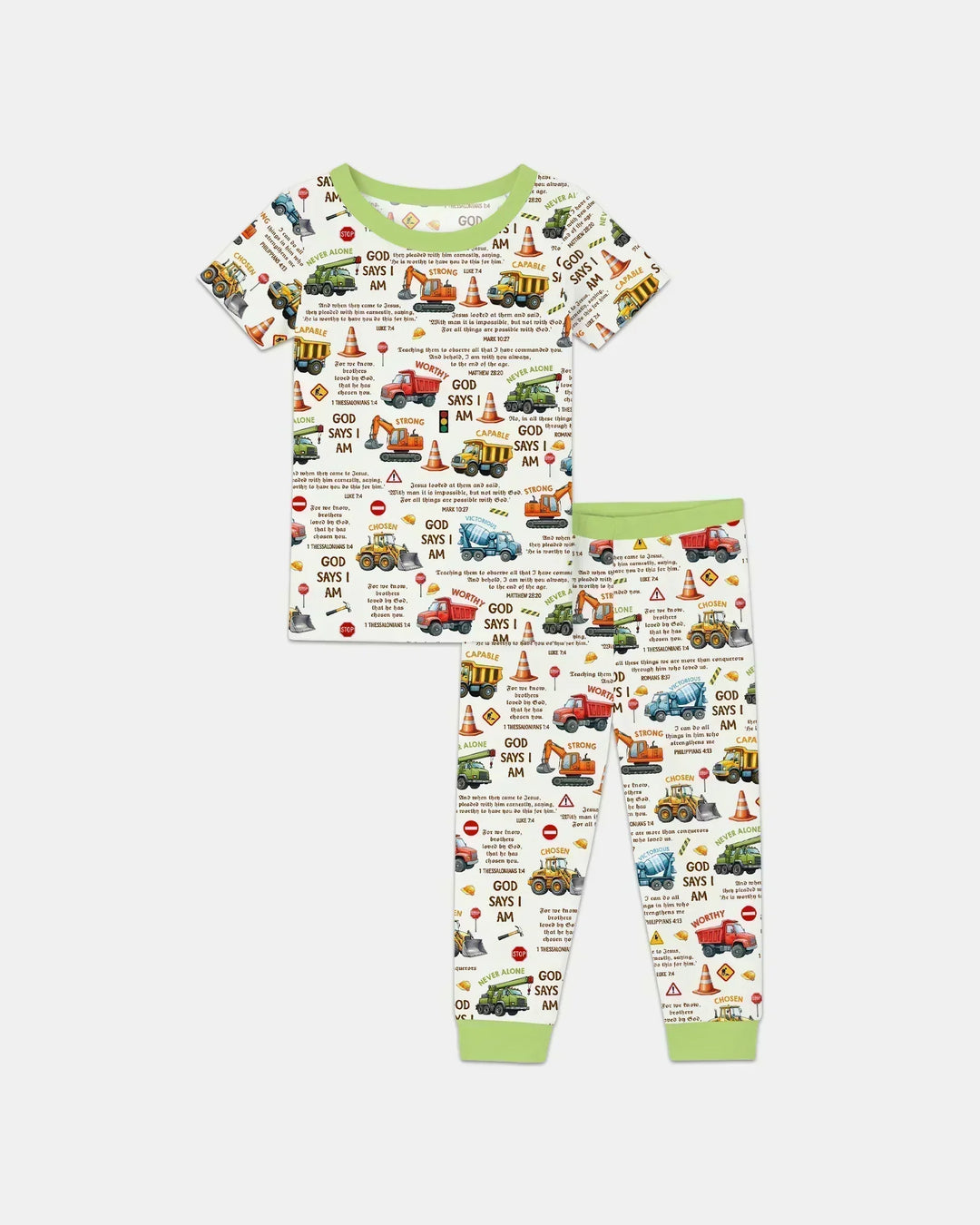 Bible Verse Construction Trucks Bamboo Two Piece Short Sleeve Pajama Set