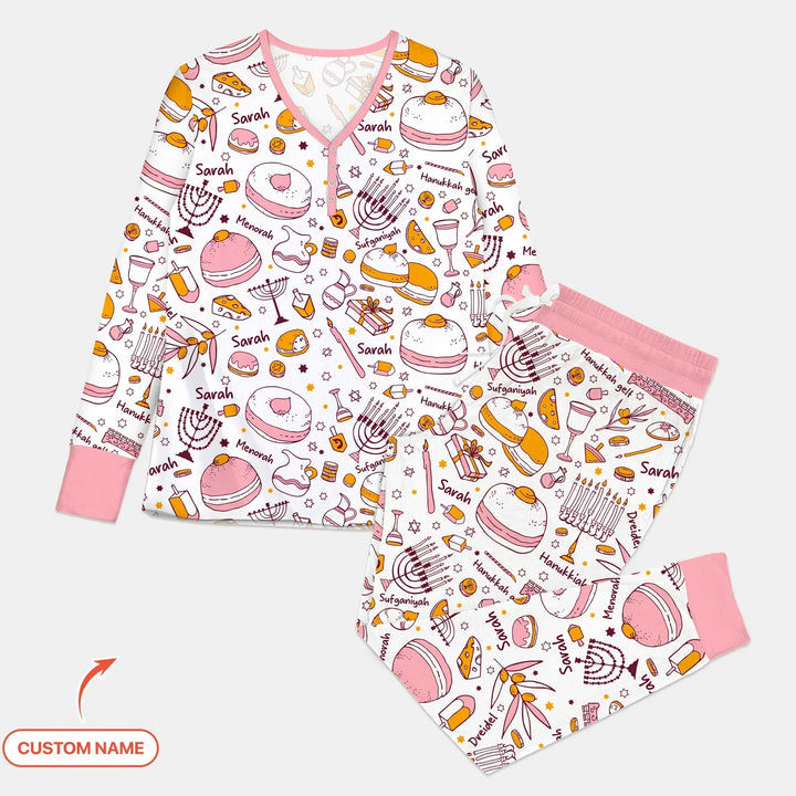 Happy Hanukkah Doodles Custom Name Family Matching Bamboo Women Pajama Set
