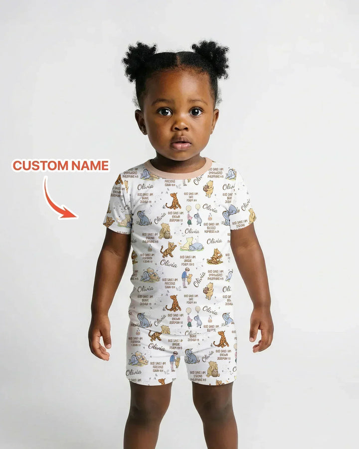 Custom Name God Says I Am Classic Bear Bamboo Two Piece Short Sleeve Shorts Pajama Set