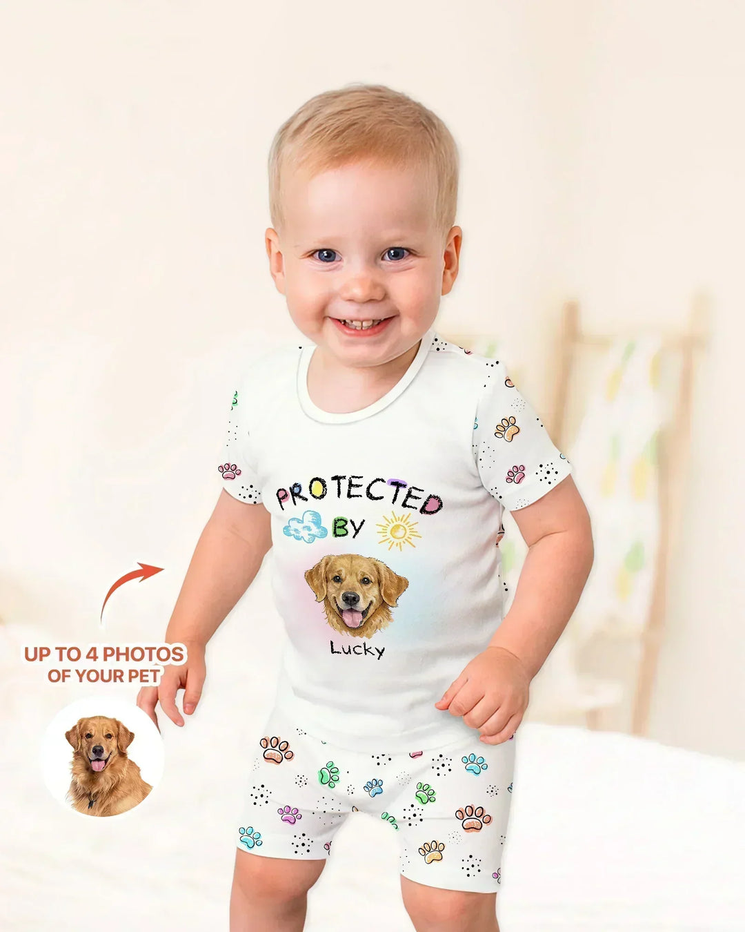Custom Photo Crayon "Protected By" Bamboo Two Piece Short Sleeve Shorts Pajama Set