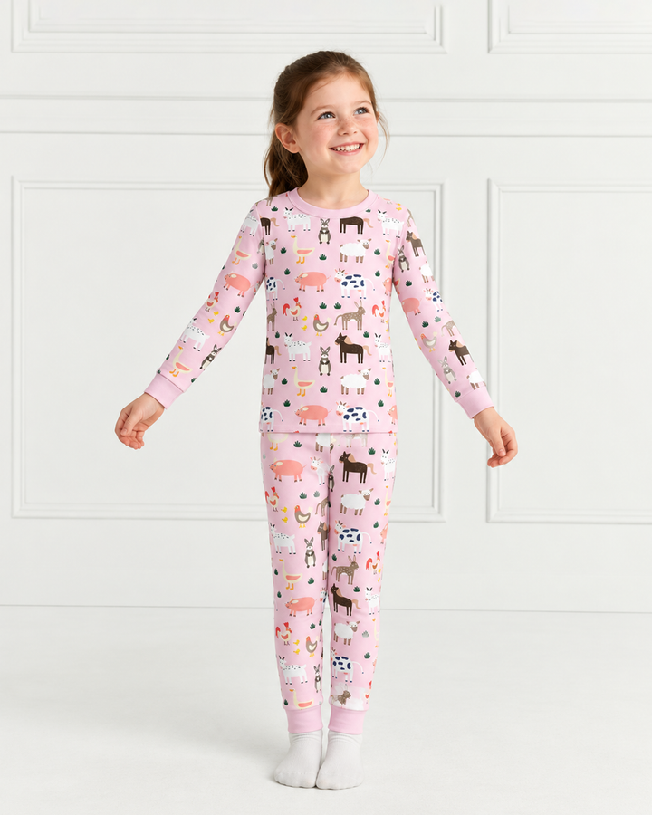 Pink Farm Animals Bamboo Two Piece Pyjamas Set